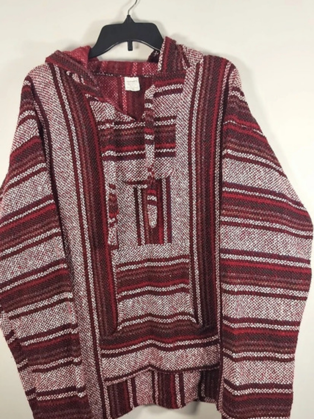 Artesanias Mexican Baja Hoodie Jerga Pullover Tunic Burgundy & White XL